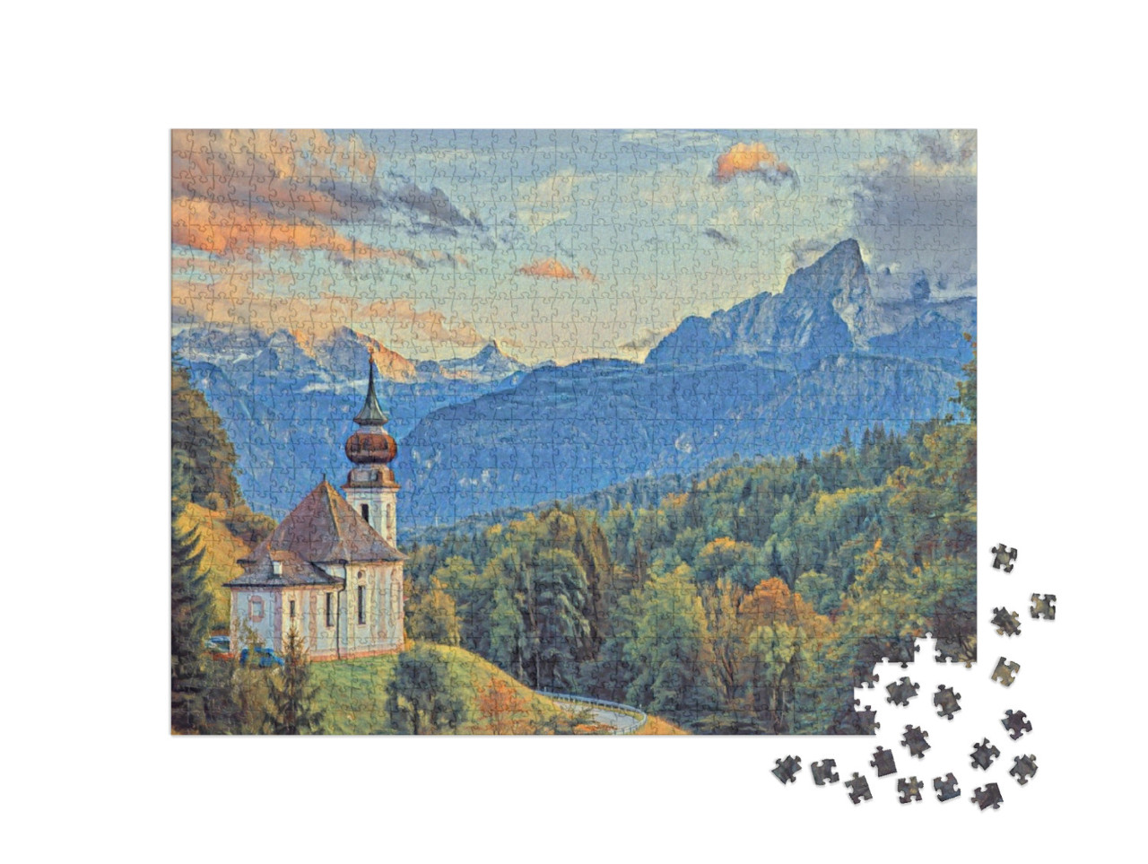 Puzzel 1000 stukjes „in de stijl van Paul-Cezanne - Watzmann met Maria Gern kerk - Puzzelcollectie Kunstenaars & Schilderijen“