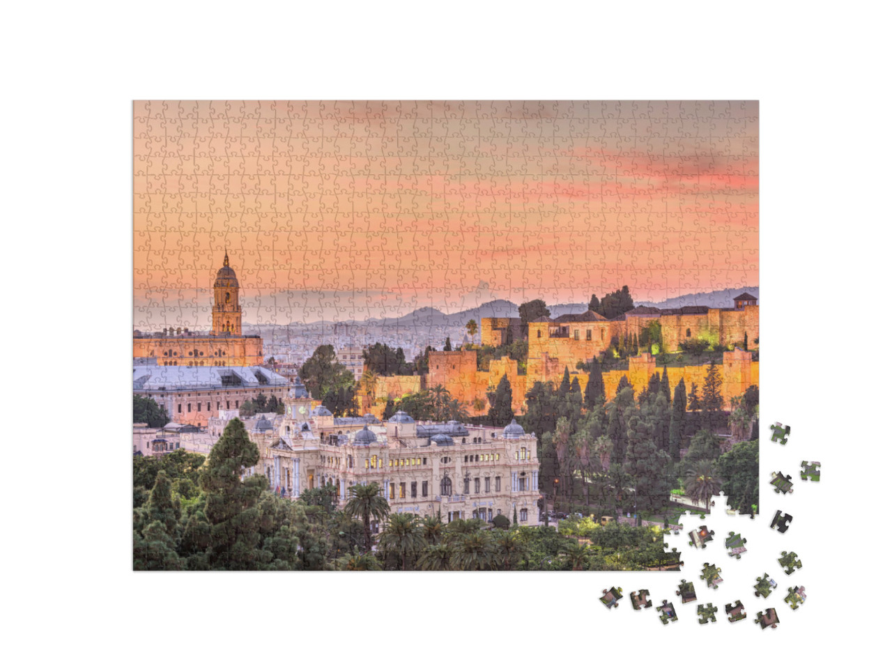 Puzzel 1000 stukjes „Skyline van Malaga bij zonsondergang, Spanje“