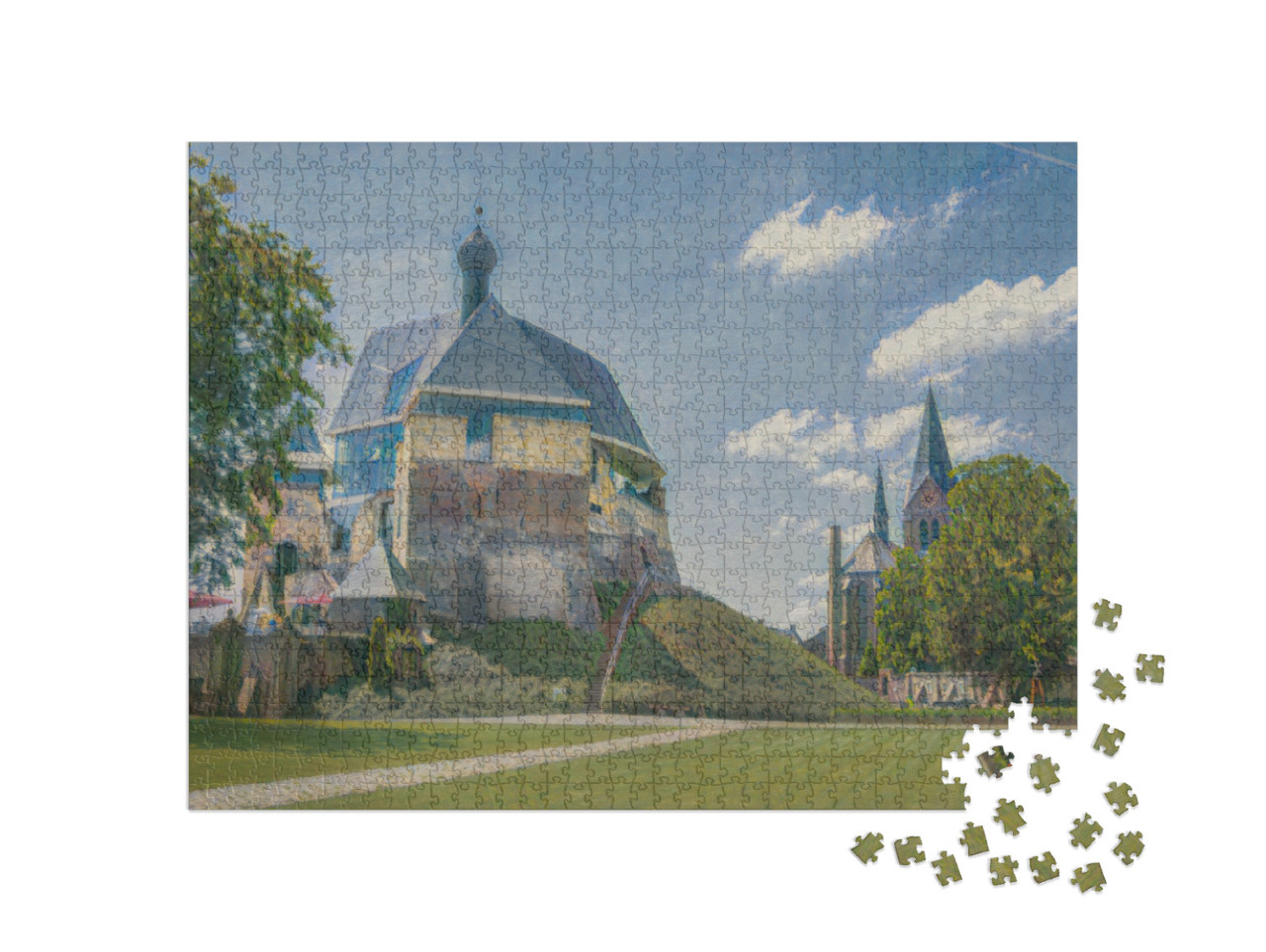 Puzzel 1000 stukjes „in de kunststijl van Claude Monet - kasteel en kerk in Keverburg aan de Maas, Nederland“