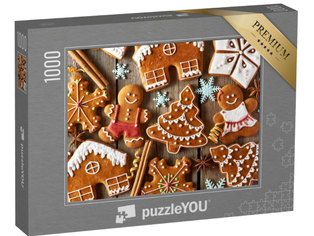 Puzzel 1000 stukjes „Zelfgemaakte peperkoekmannetjes in kerstsfeer op een houten tafel“