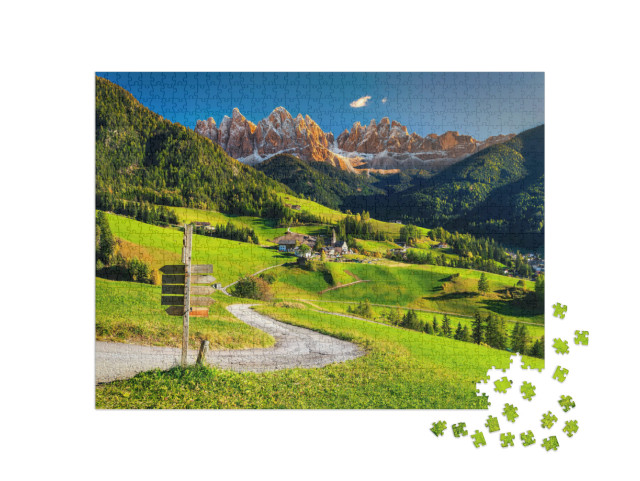 Puzzel 1000 stukjes „Dorp Santa Maddalena in de vallei Val di Funes, Zuid-Tirol, Italië“