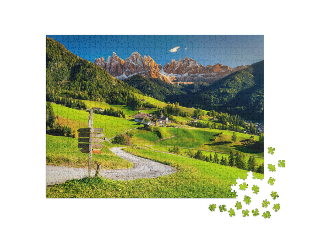 Puzzel 1000 stukjes „Dorp Santa Maddalena in de vallei Val di Funes, Zuid-Tirol, Italië“