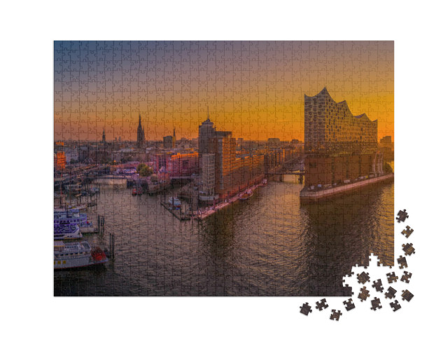 Puzzel 1000 stukjes XXL „Zonsopgang boven Hamburg met de concertzaal Elbphilharmonie“