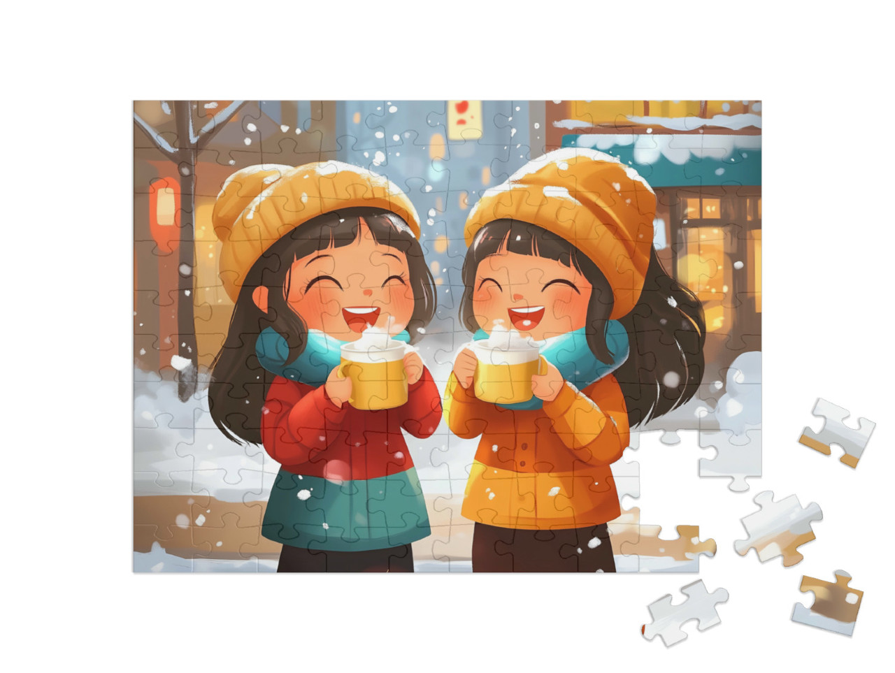 Puzzel 100 stukjes „Een vrolijke dag in het winterdorp“