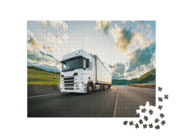 Puzzel 1000 stukjes „Vrachtwagen met container op de snelweg“