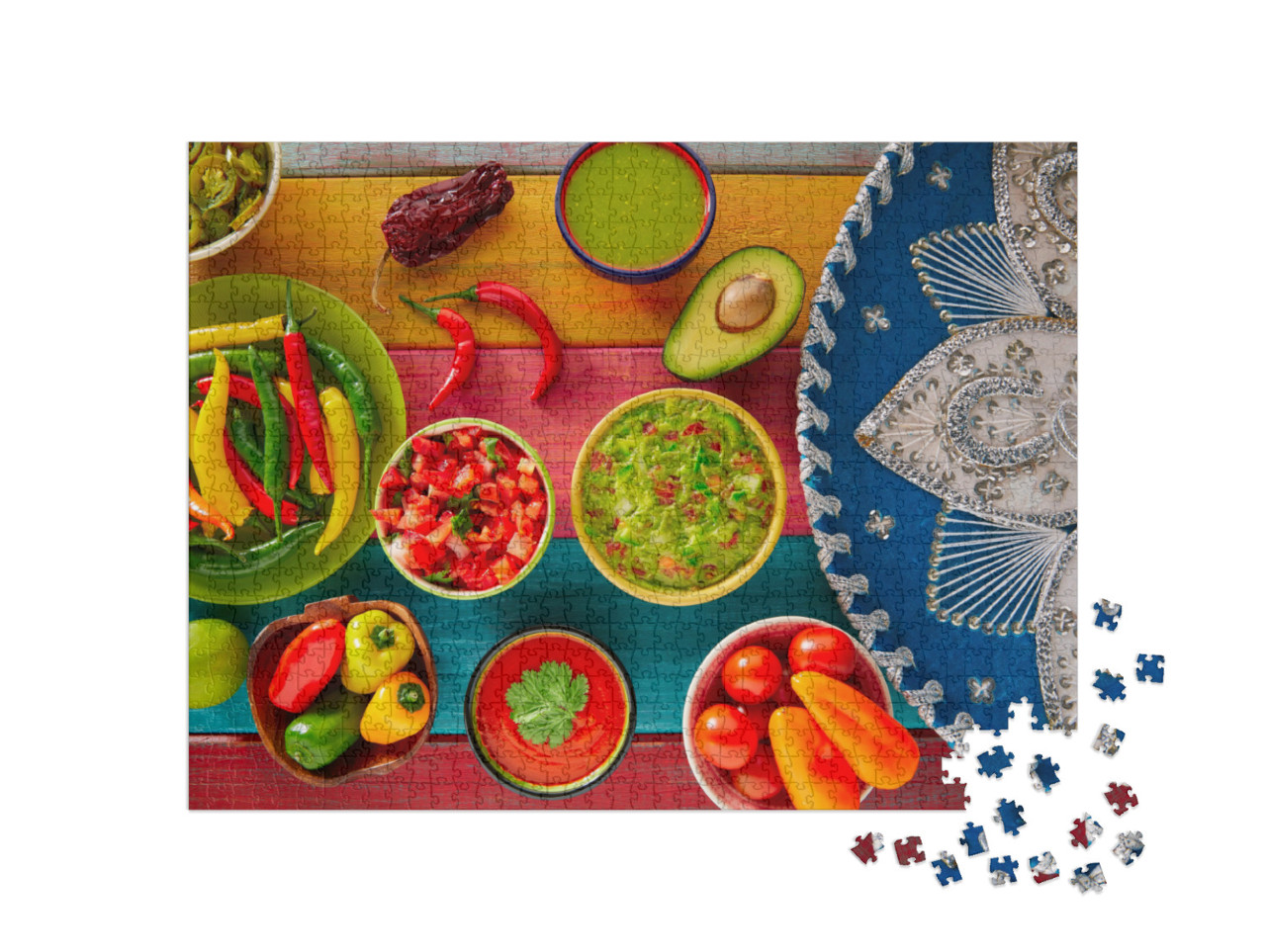 Puzzel 1000 stukjes „Mexicaanse recepten: Guacamole nacho's, chilisaus en pico de gallo“