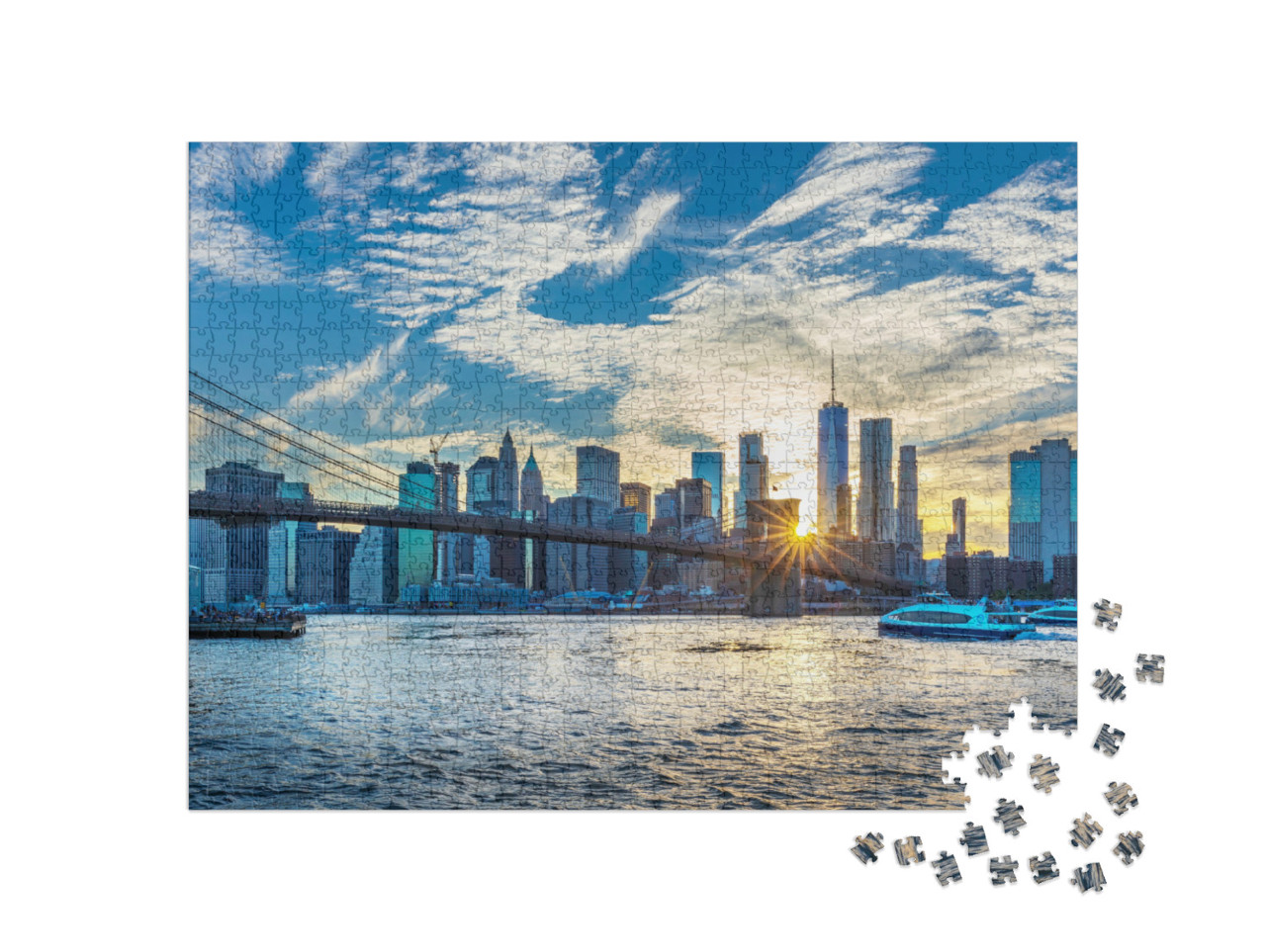 Puzzel 1000 stukjes „Uitzicht op de skyline van Manhattan vanuit Brooklyn Bridge Park“