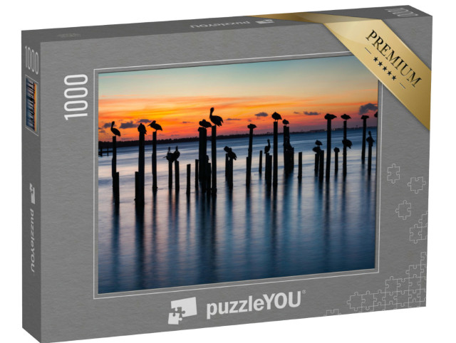 Puzzel 1000 stukjes „Pelikanen bij zonsondergang op oude pilaren“