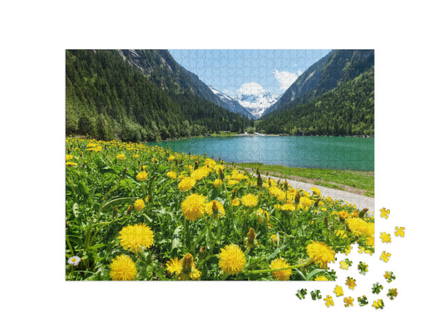 Puzzel 1000 stukjes „Zomer in de Tiroler Alpen: paardenbloem en bergmeer, Zillertal, Oostenrijk“