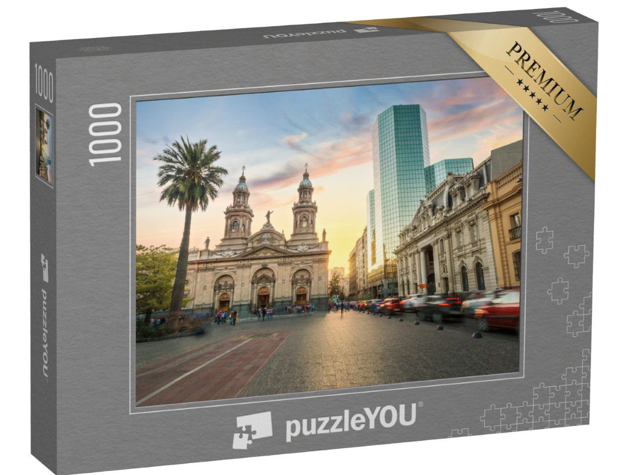 Puzzel 1000 stukjes „Plaza de Armas: Santiago Metropolitan Cathedral bij zonsondergang, Chili“