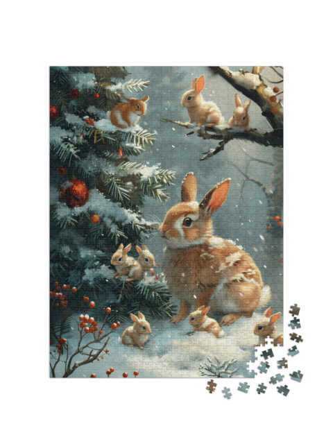 Puzzel 1000 stukjes „Des petits lapins examinent le sapin de Noël“