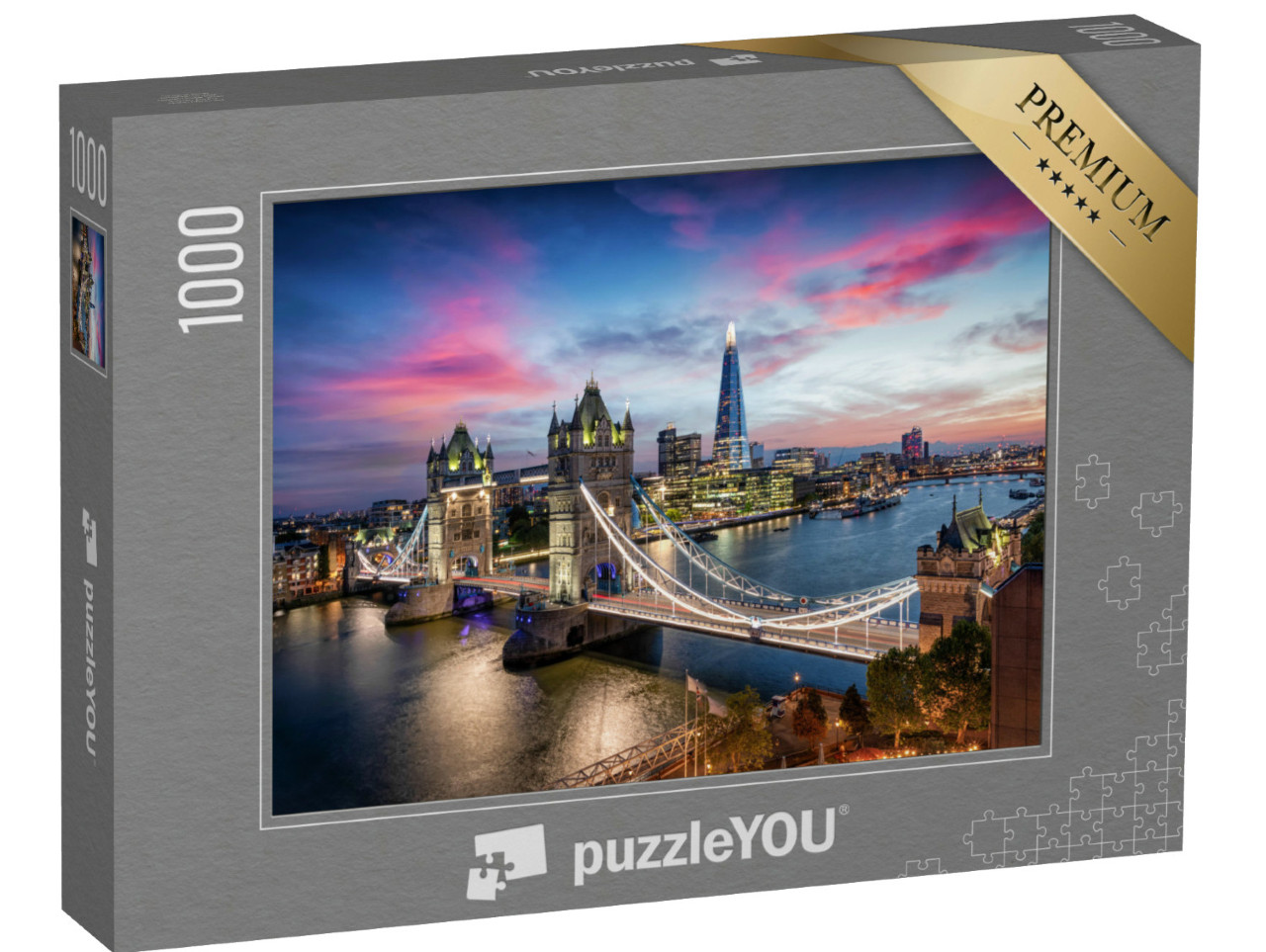 Puzzel 1000 stukjes „Panoramisch uitzicht op de verlichte Tower Bridge en de skyline van Londen“
