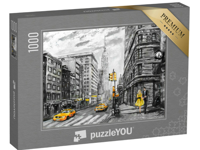 Puzzel 1000 stukjes „Man, vrouw en gele taxi: olieverfschilderij met straatbeeld van New York“