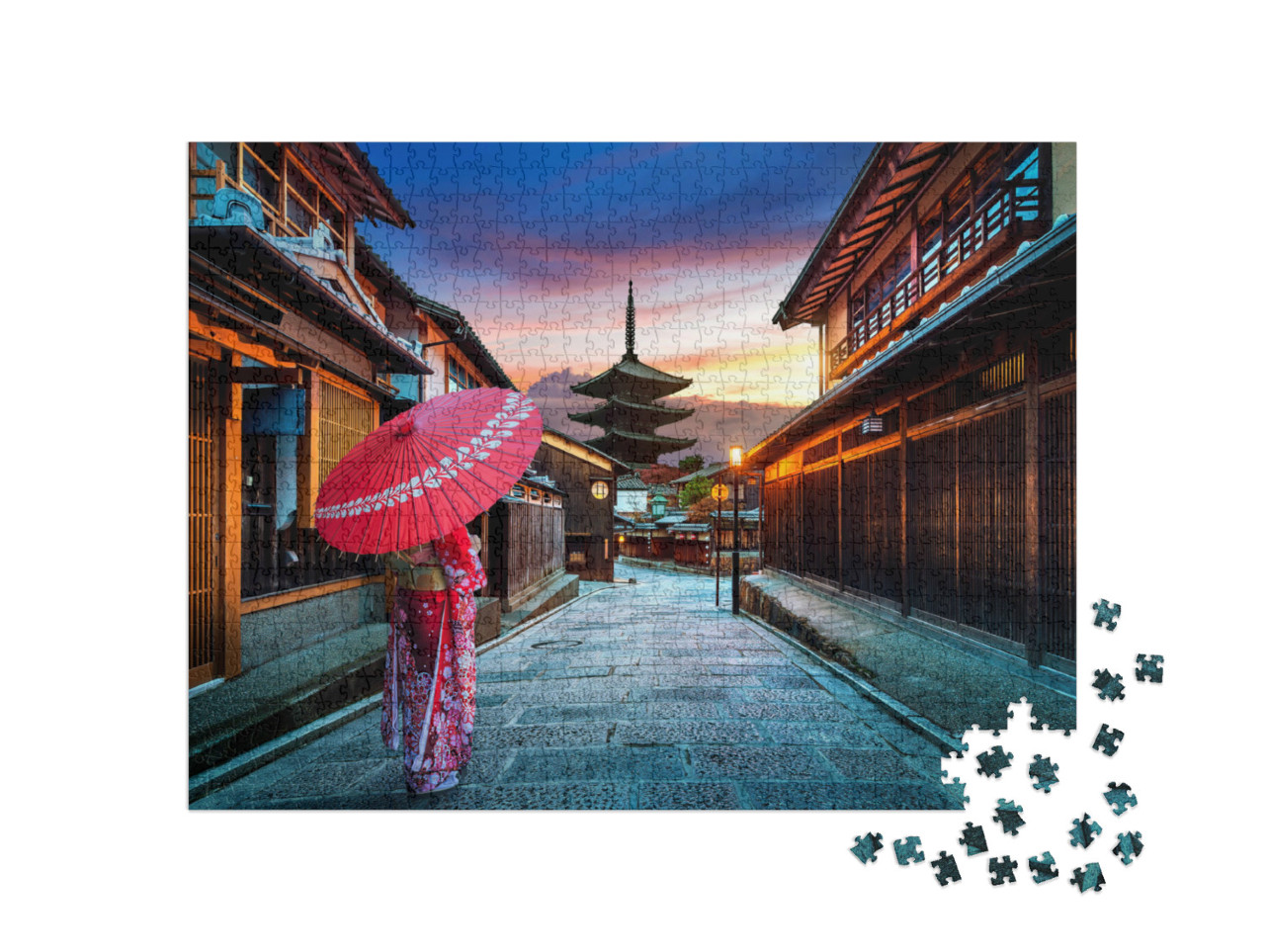 Puzzel 1000 stukjes „Dame in traditionele Japanse kimono bij de Yasaka Pagode, Kyoto, Japan“