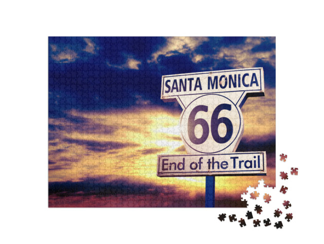 Puzzel 1000 stukjes „Route 66: verkeersbord bij zonsondergang“