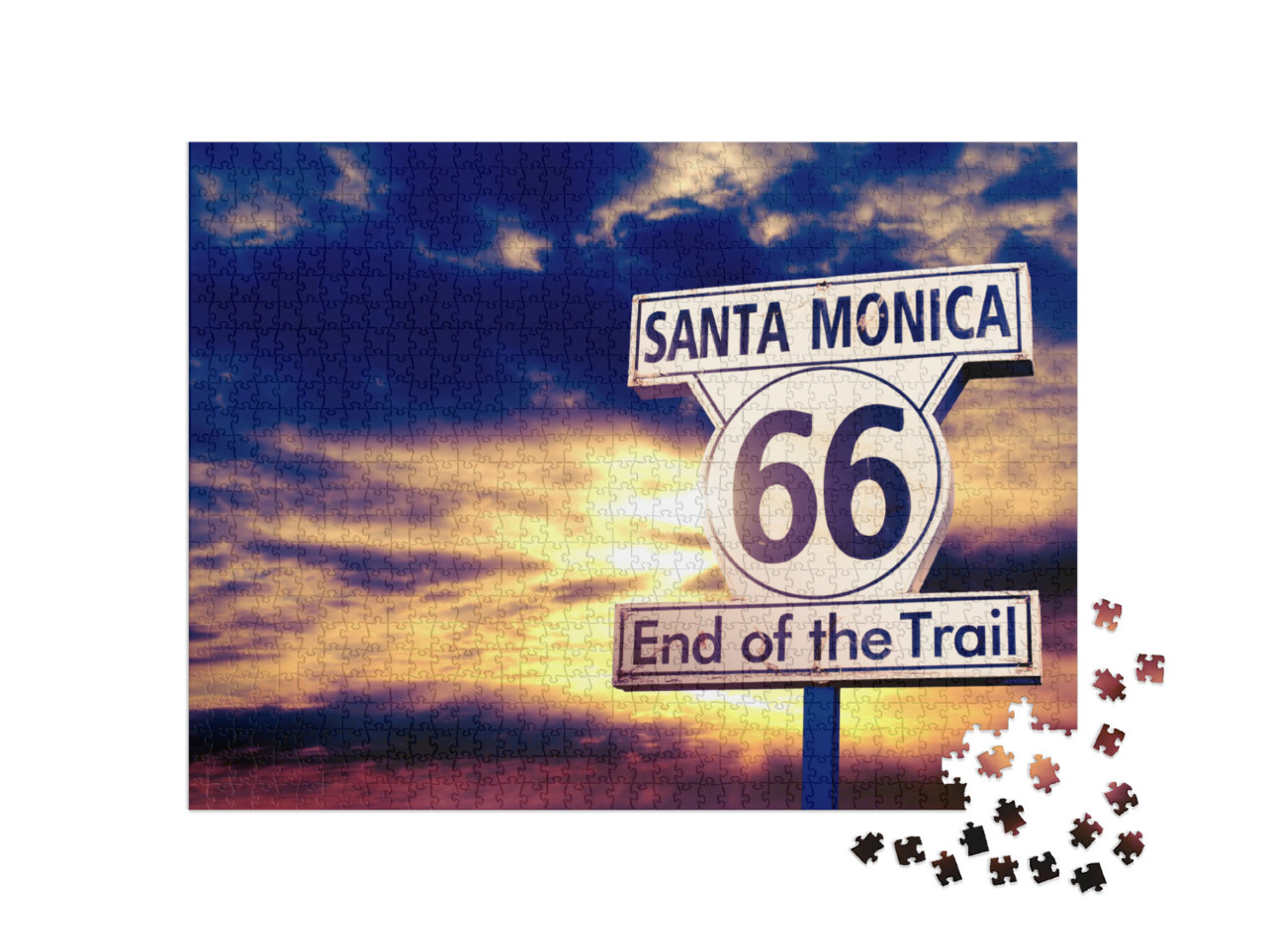 Puzzel 1000 stukjes „Route 66: verkeersbord bij zonsondergang“