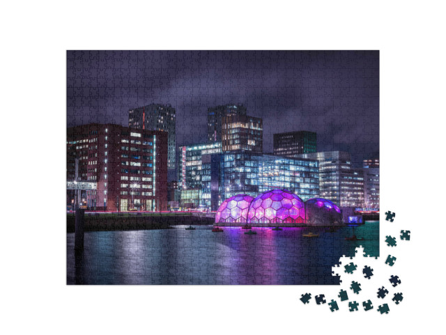 Puzzel 1000 stukjes „Rotterdam bij nacht, stad van de toekomst“