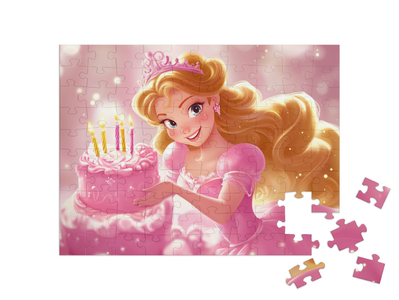 Puzzel 100 stukjes „De betoverende roze prinses viert haar verjaardag“