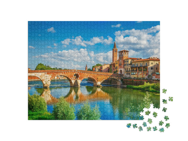 Puzzel 1000 stukjes „Panoramisch uitzicht op de Ponte Pietra, Verona, Italië“