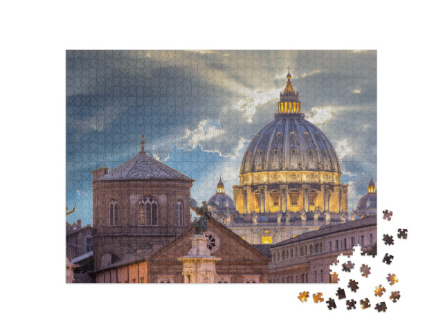 Puzzel 1000 stukjes „Zonsondergang boven de Sint-Pietersbasiliek, Vaticaan, Rome“