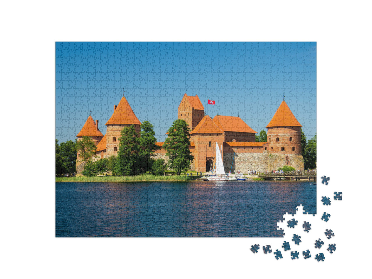 Puzzel 1000 stukjes „Kasteel op het eiland Trakai met stenen muren en torens, Meer van Galve, Litouwen“