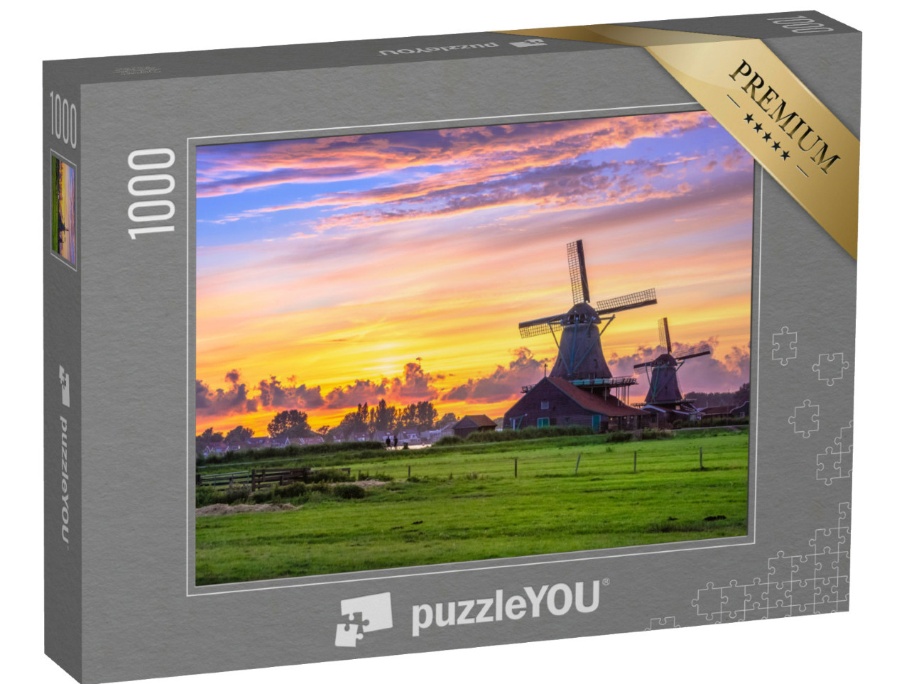 Puzzel 1000 stukjes „Traditioneel dorp met Nederlandse windmolens bij zonsondergang“