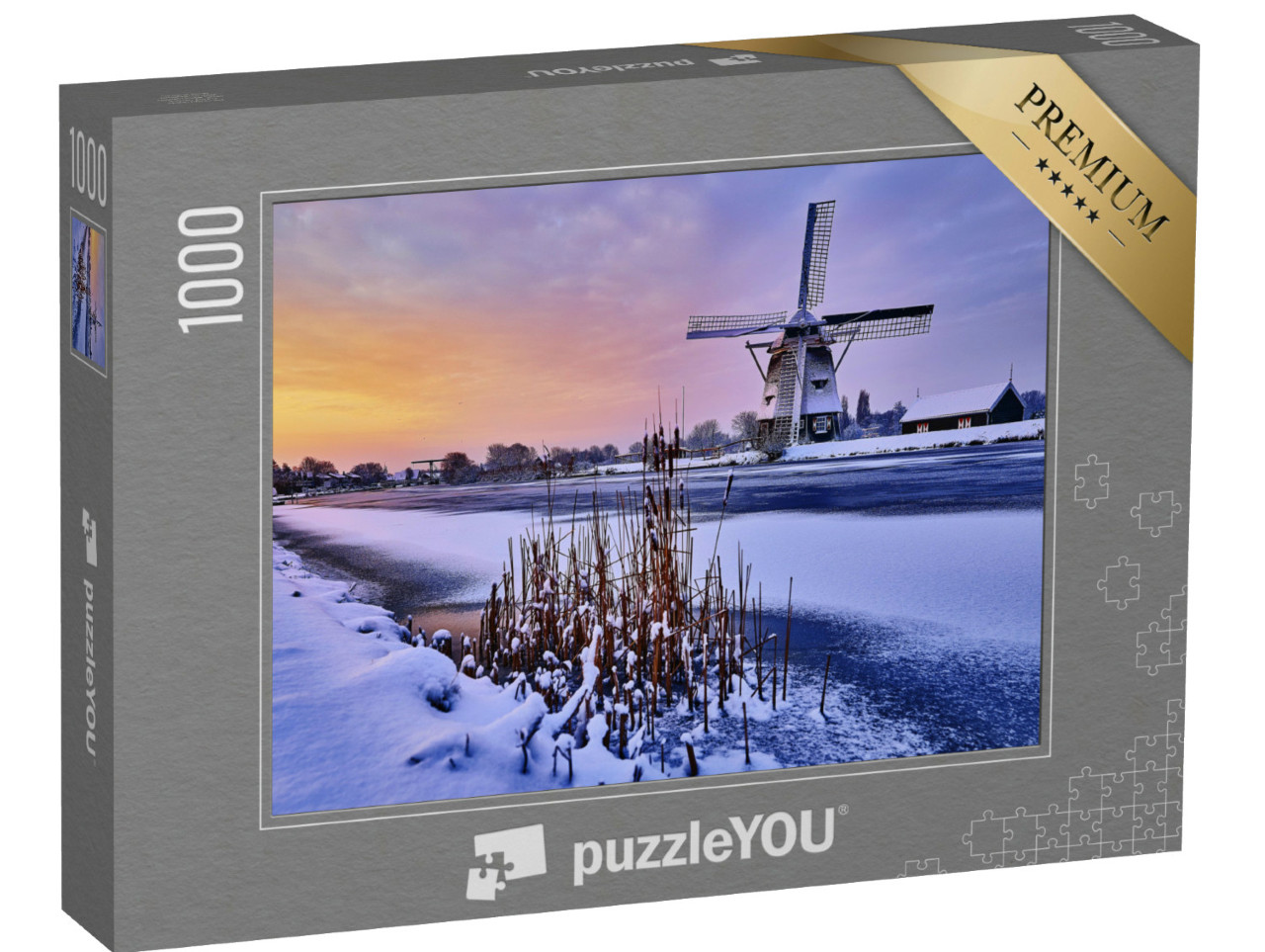 Puzzel 1000 stukjes „Nederlandse windmolen in de sneeuw“
