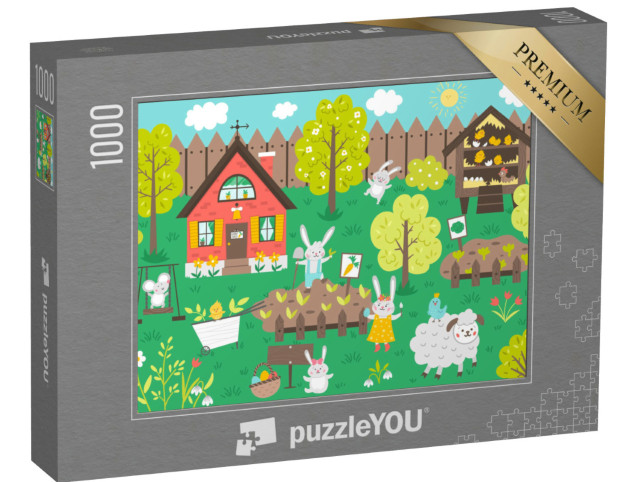 Puzzel 1000 stukjes „Een tuin vol paashazen, schapen en kuikens“