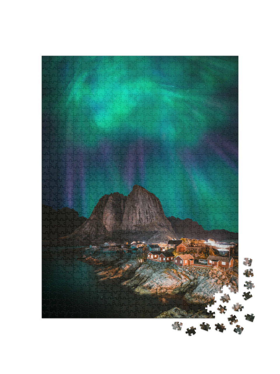 Puzzel 1000 stukjes „Noorderlicht boven het vissersdorp Hamnøy, Noorwegen“