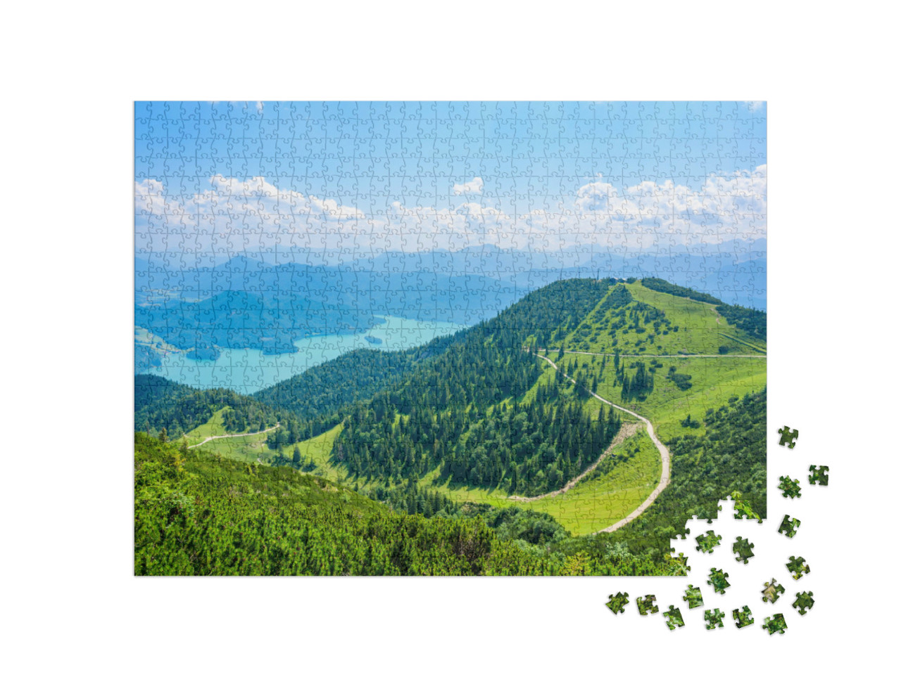 Puzzel 1000 stukjes „Uitzicht vanaf de berg Herzogstand naar het meer Walchensee“