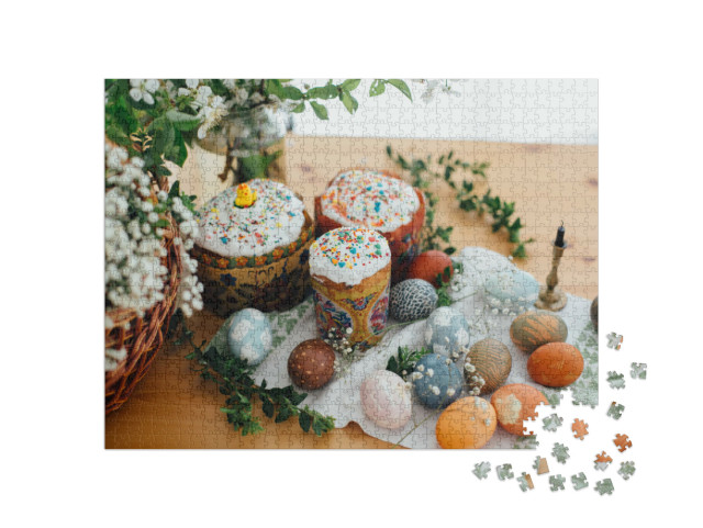 Puzzel 1000 stukjes „Kleurrijke paascake en zelfbeschilderde paaseieren“