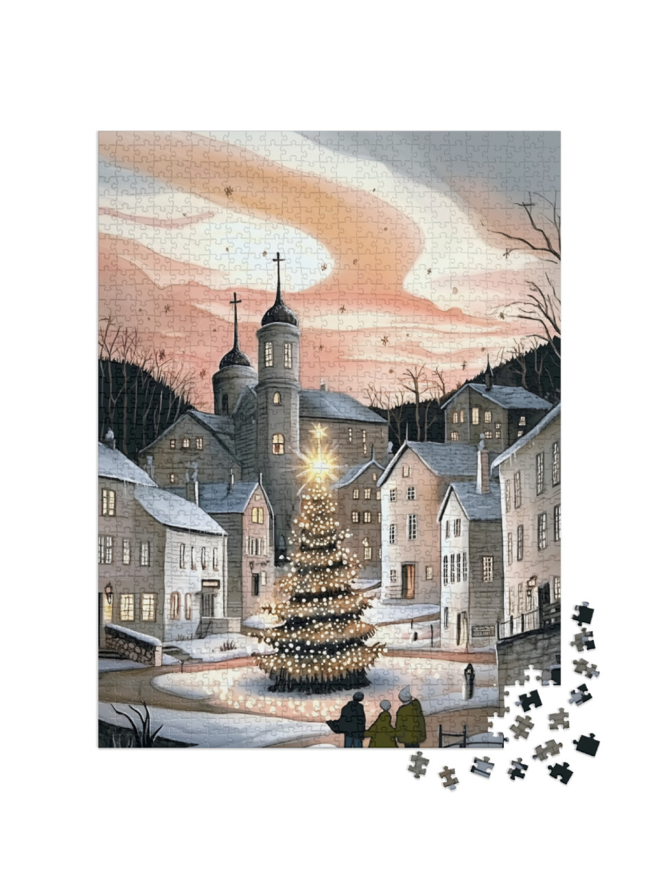 Puzzel 1000 stukjes „Le sapin de Noël brille de mille feux sur la place du village“