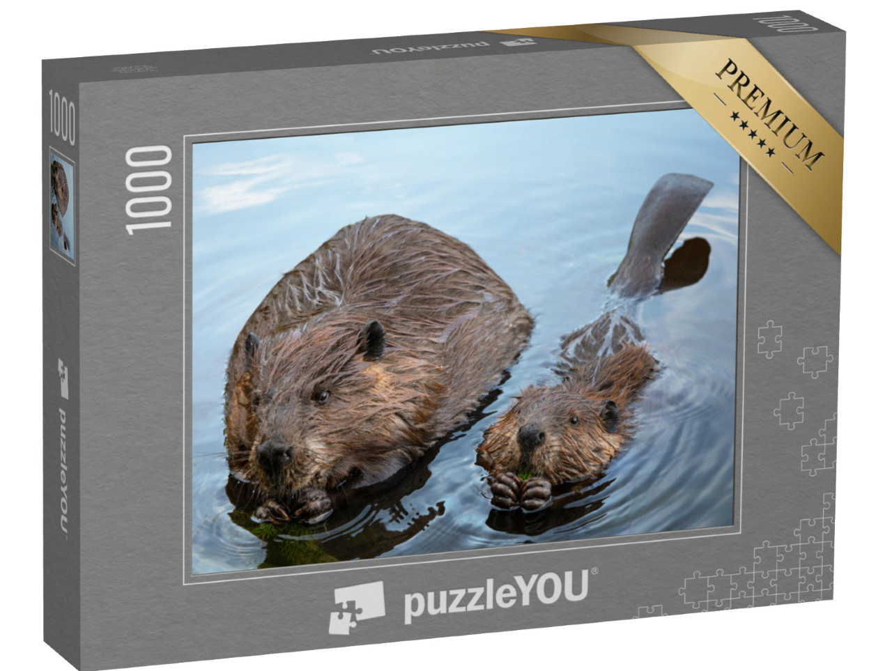 Puzzel 1000 stukjes „Mama bever en baby bever kauwen op takken“