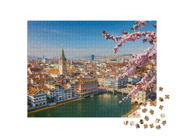 Puzzel 1000 stukjes „Lente boven de oude stad van Zürich“