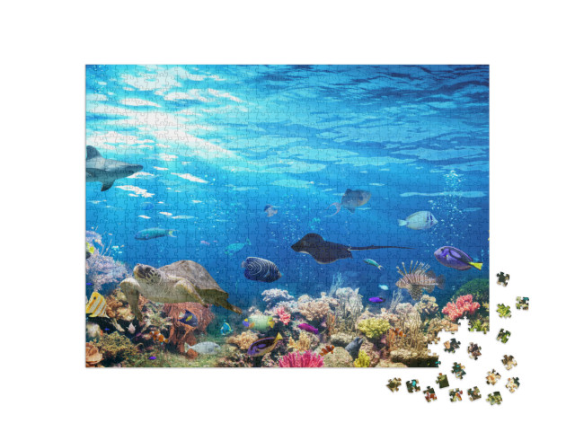 Puzzel 1000 stukjes „Onderwaterwereld met koraalrif, vissen, haaien, schildpadden en manta's“
