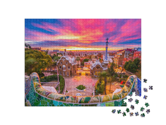 Puzzel 1000 stukjes „Zonsopgang boven Park Güell, UNESCO Werelderfgoed, Barcelona, Spanje“
