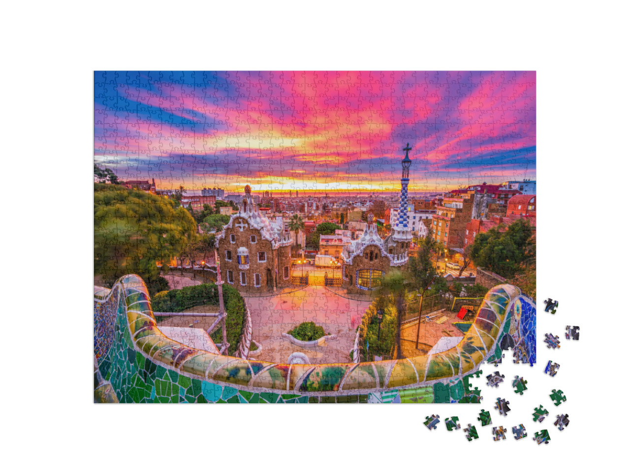 Puzzel 1000 stukjes „Zonsopgang boven Park Güell, UNESCO Werelderfgoed, Barcelona, Spanje“