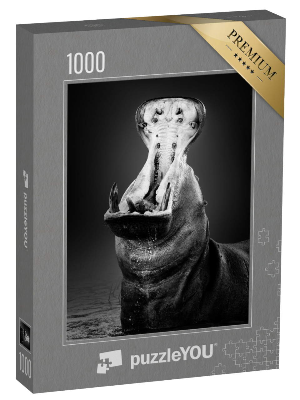 Puzzel 1000 stukjes „Nijlpaard met wijd open bek in het water“