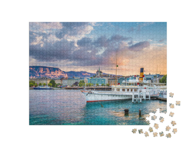 Puzzel 1000 stukjes „Panoramisch uitzicht op het centrum van Genève en het meer van Genève, Zwitserland“