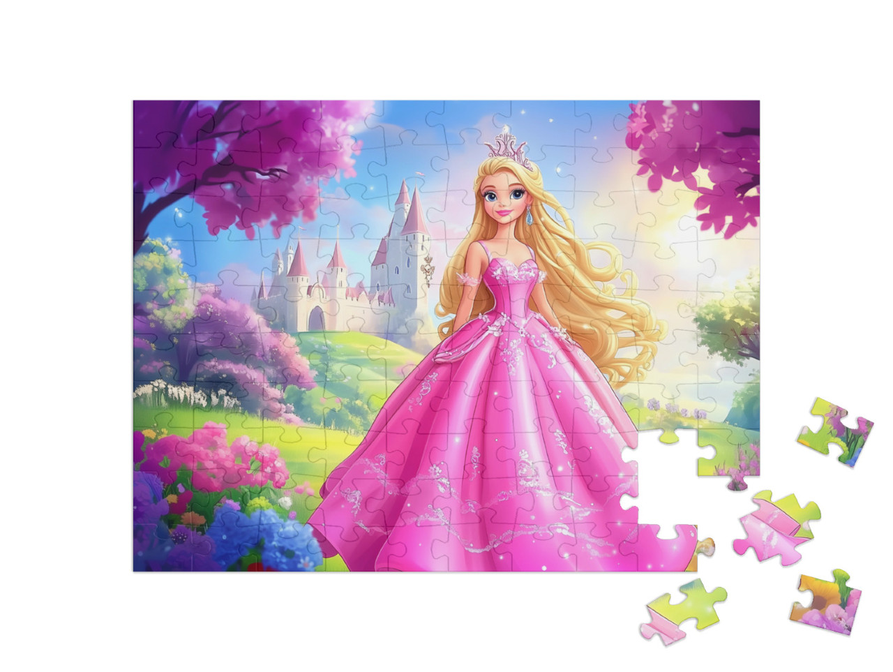 Puzzel 100 stukjes „Een blonde prinses in een glinsterende roze jurk“