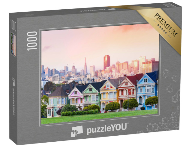 Puzzel 1000 stukjes „Geschilderde dames voor de skyline van San Francisco bij nacht“