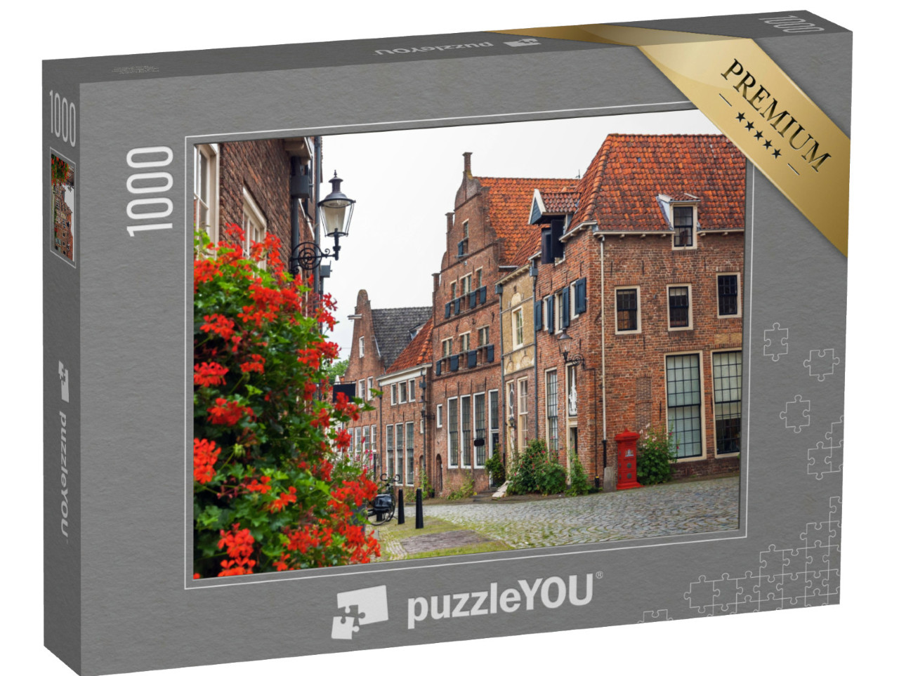 Puzzel 1000 stukjes „Rode geranium en brievenbus in een straat in Deventer, Nederland“