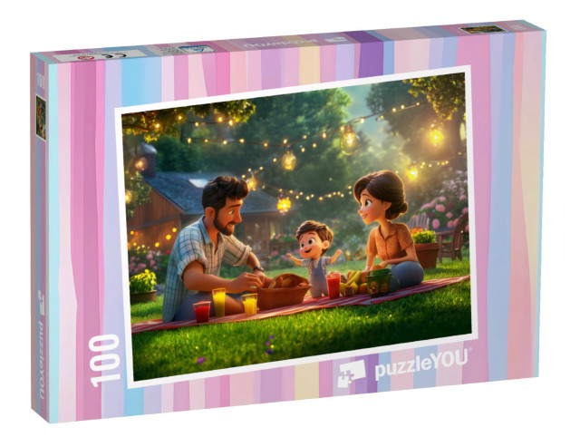 Puzzel 100 stukjes „Gezinspicknick in de groene tuin“
