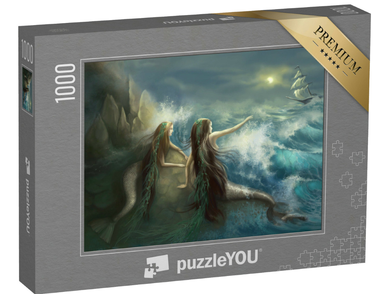 Puzzel 1000 stukjes „Twee zeemeerminnen op de rotsen van een stormachtige oceaan“
