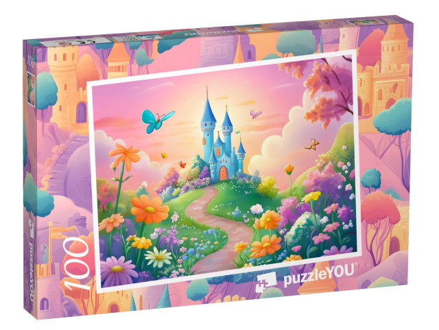Puzzel 100 stukjes „Het kasteel van de prinses in een bloemrijk sprookjesland“