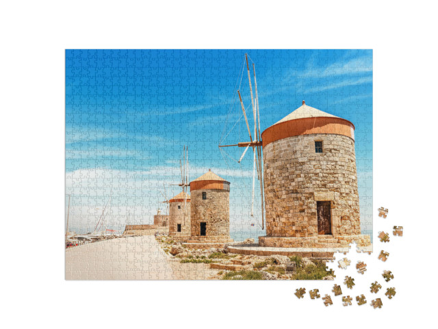 Puzzel 1000 stukjes „Haven van Mandraki op Rhodos met windmolens, Griekenland“