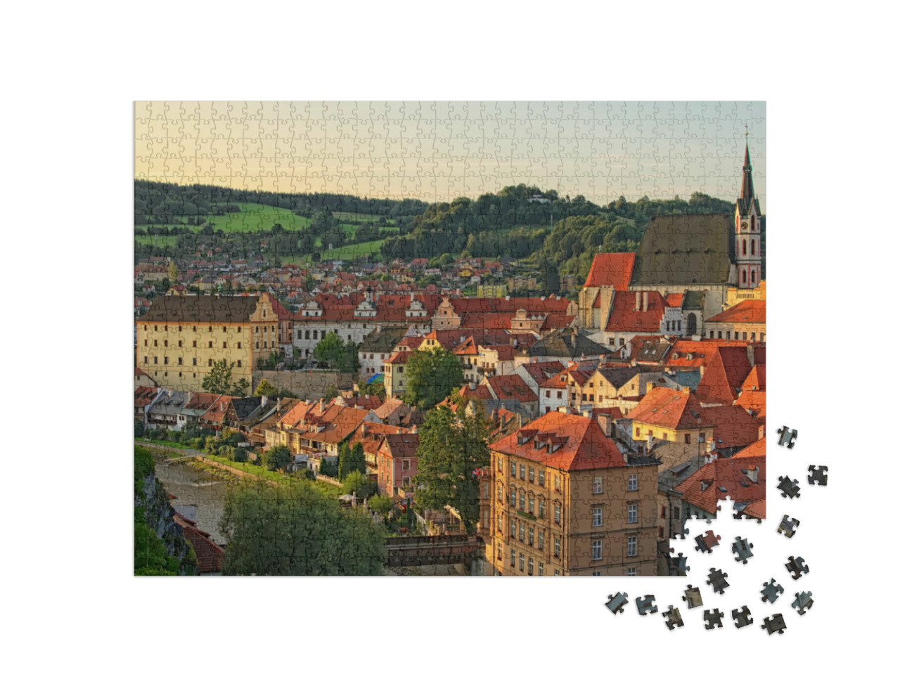 Puzzel 1000 stukjes „Stadsgezicht in de ochtend met rode pannendaken, Krumlov, Tsjechië“