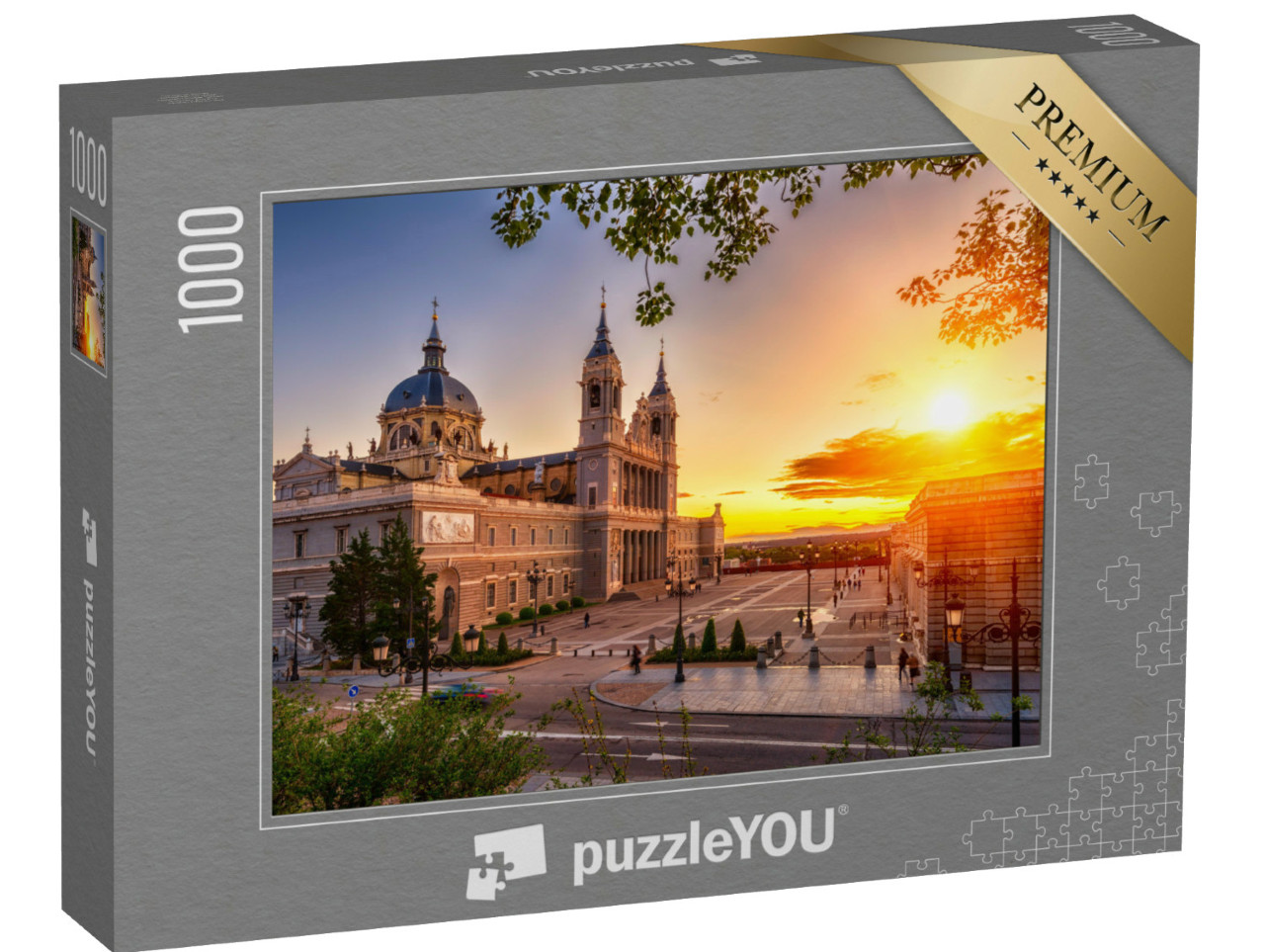 Puzzel 1000 stukjes „Zonsondergang bij de kathedraal van Santa Maria la Real de La Almudena in Madrid“