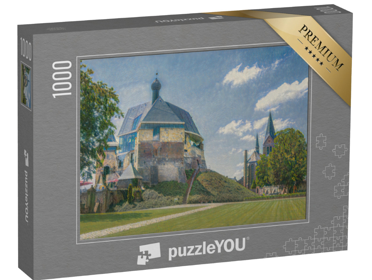 Puzzel 1000 stukjes „in de kunststijl van Claude Monet - kasteel en kerk in Keverburg aan de Maas, Nederland“