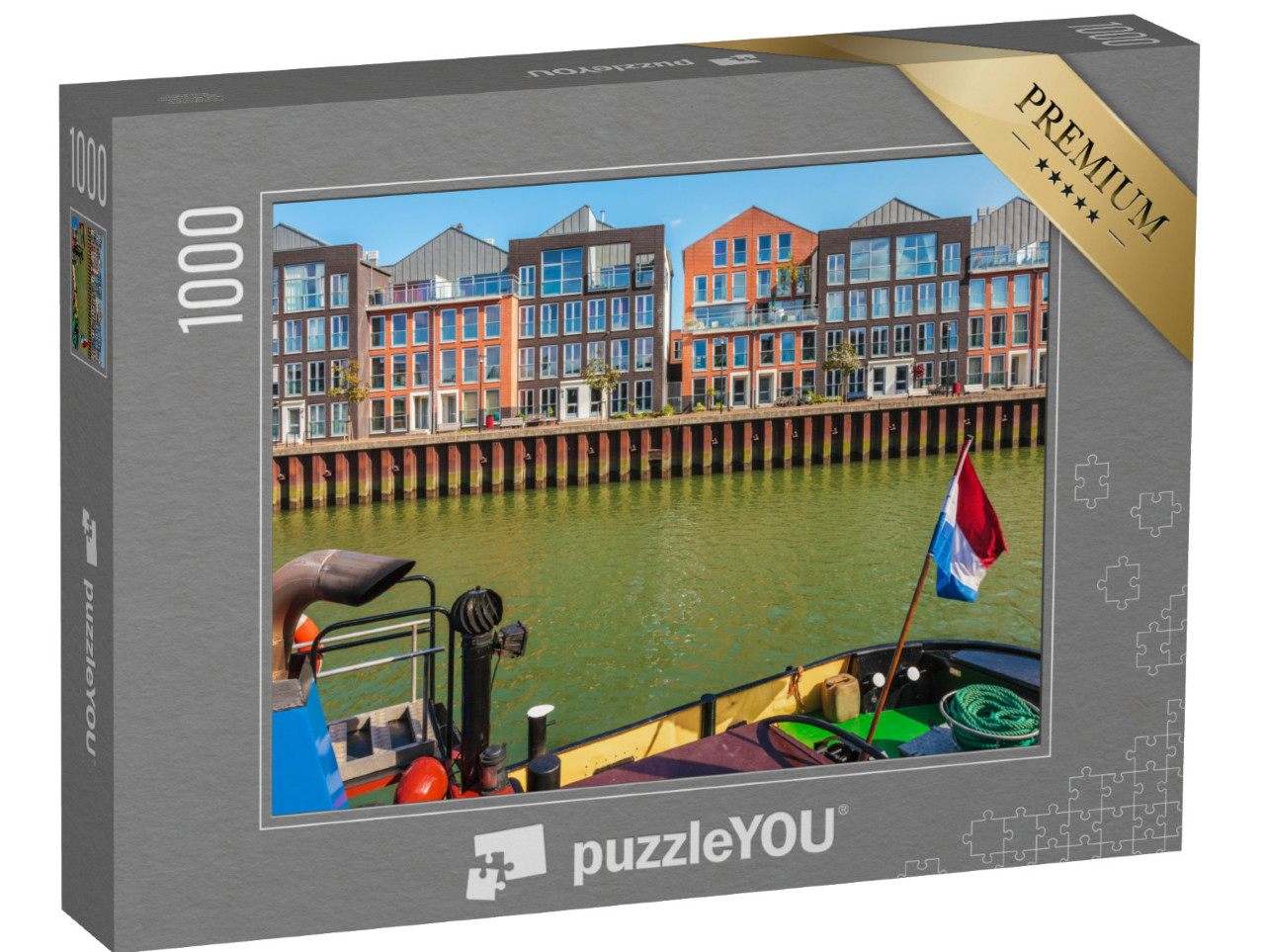 Puzzel 1000 stukjes „Hedendaagse huizen in Dordrecht, met een oude sleepboot op de voorgrond“